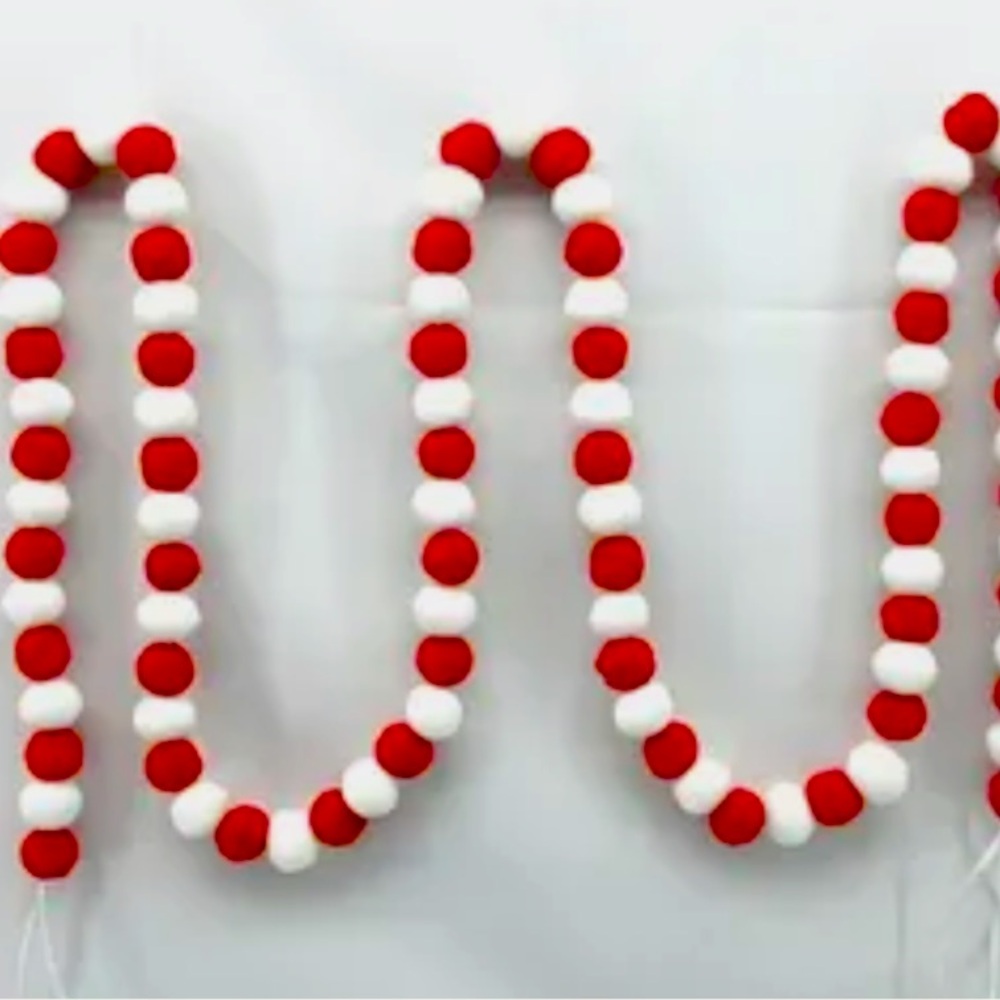 Festive Red & White Wired Pom Pom Garland